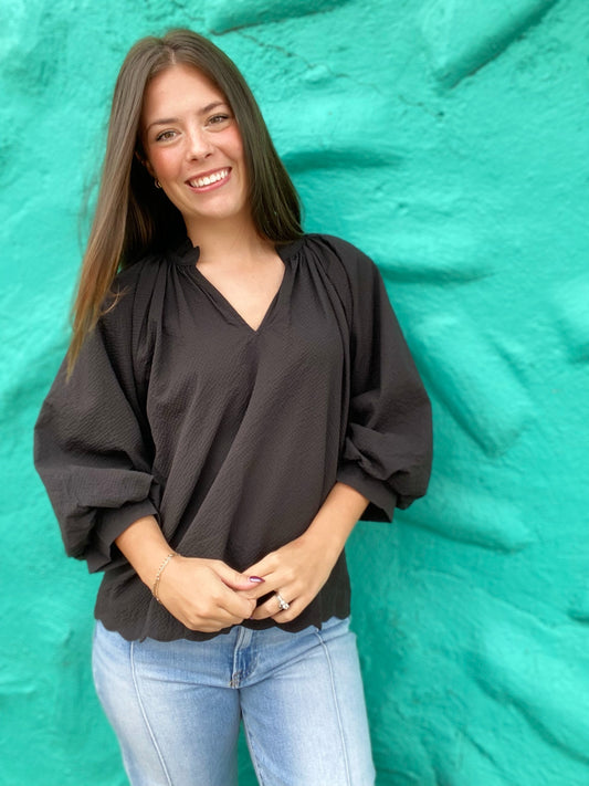 Reese Vneck Balloon Sleeve Top-Black