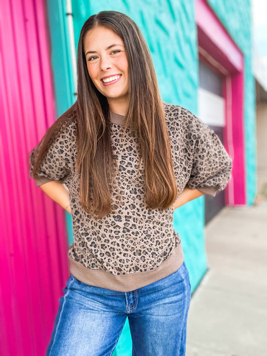Tops Becca Leopard Short Sleeve Sweatshirt-Mushroom