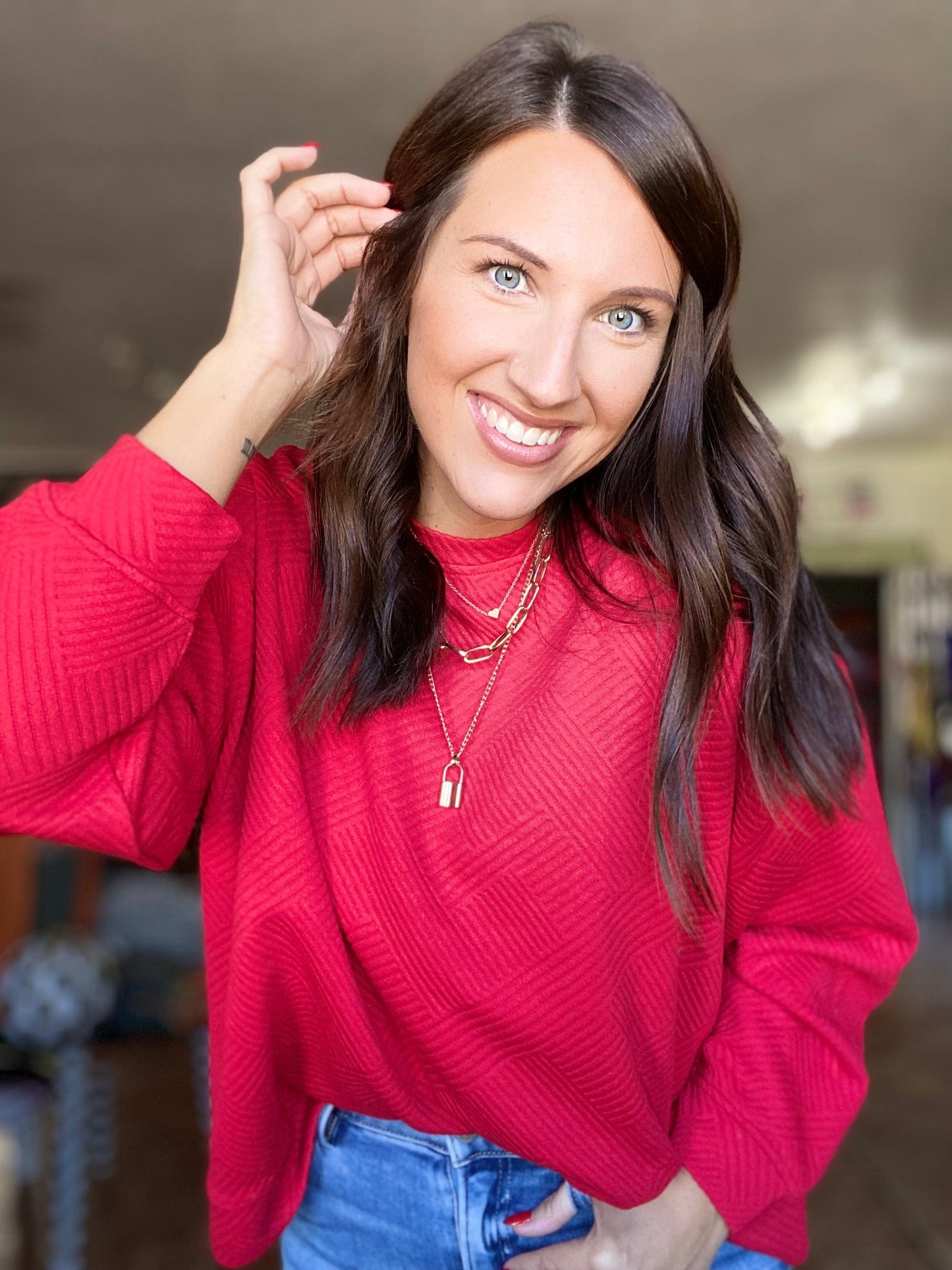 Shirts & Tops Billie Textured Pullover- Red