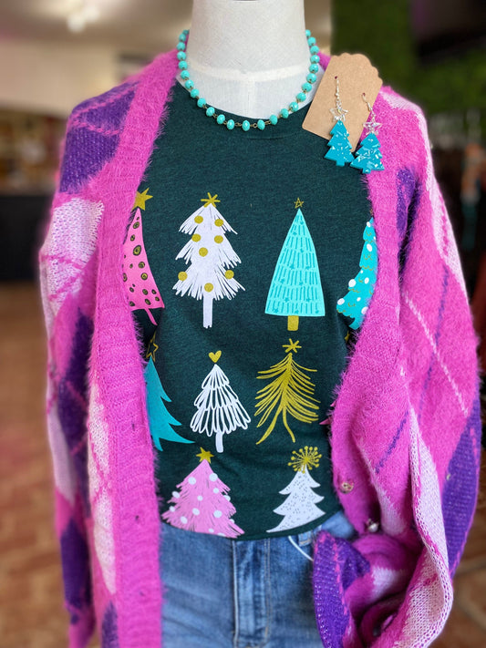 Tops Buffy Argyle Cardigan- Fuchsia