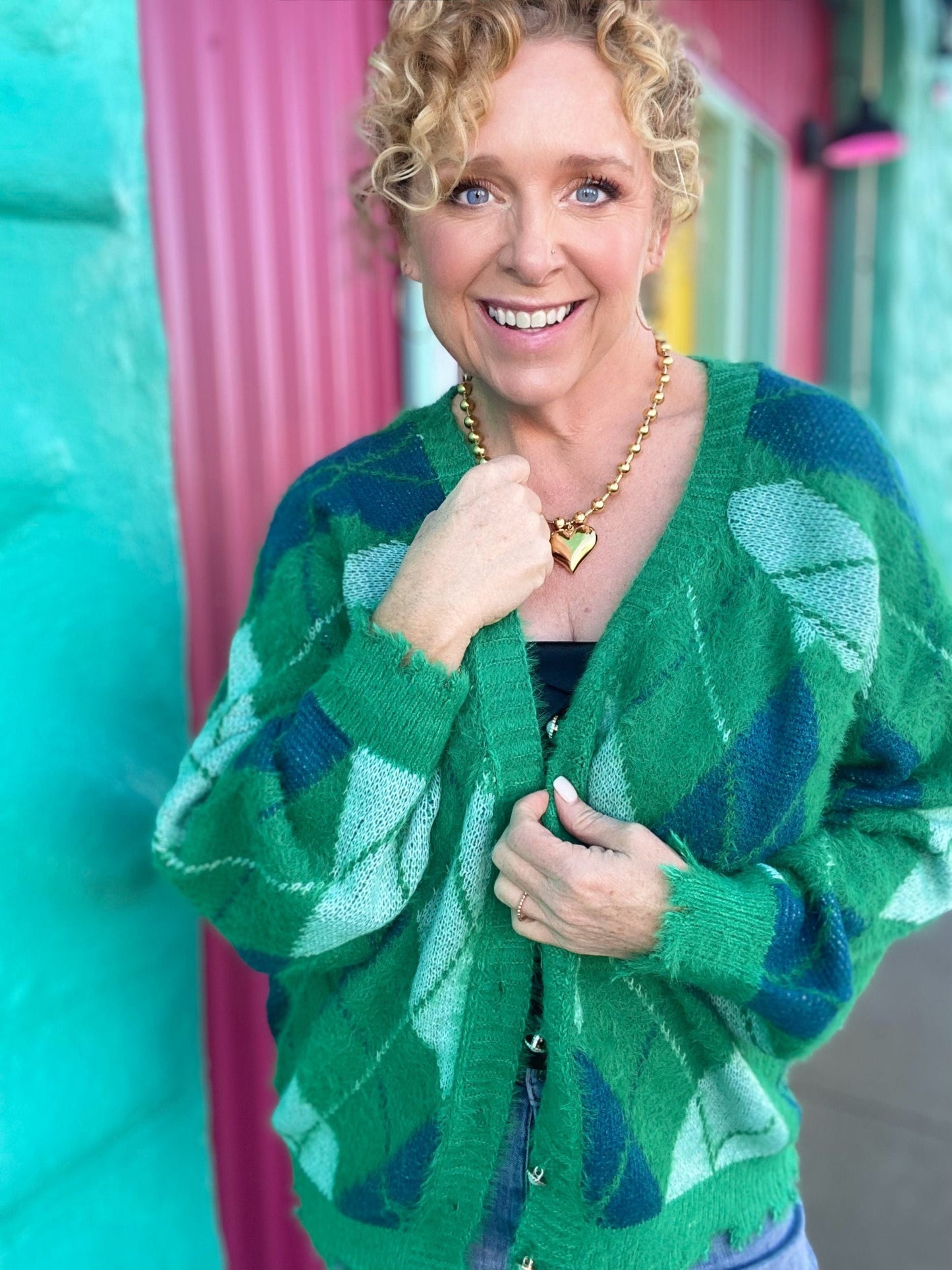 Tops Buffy Argyle Cardigan- Green