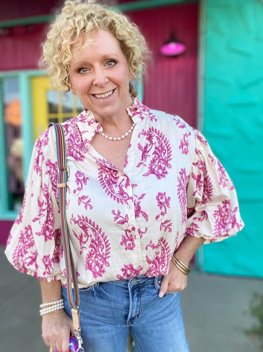 Tops Cady Floral Balloon Sleeve Top- Fuchsia