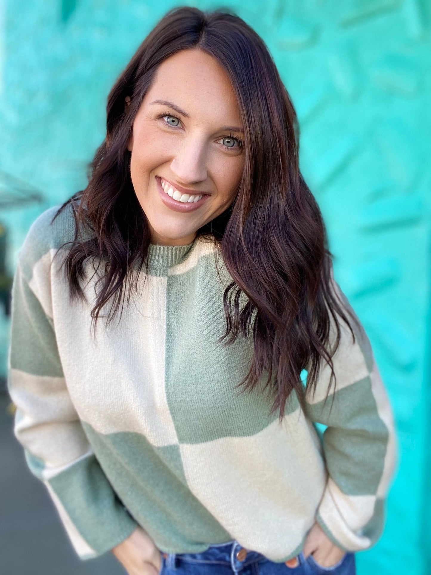 Shirts & Tops Checked Sweater- Cream and Sage