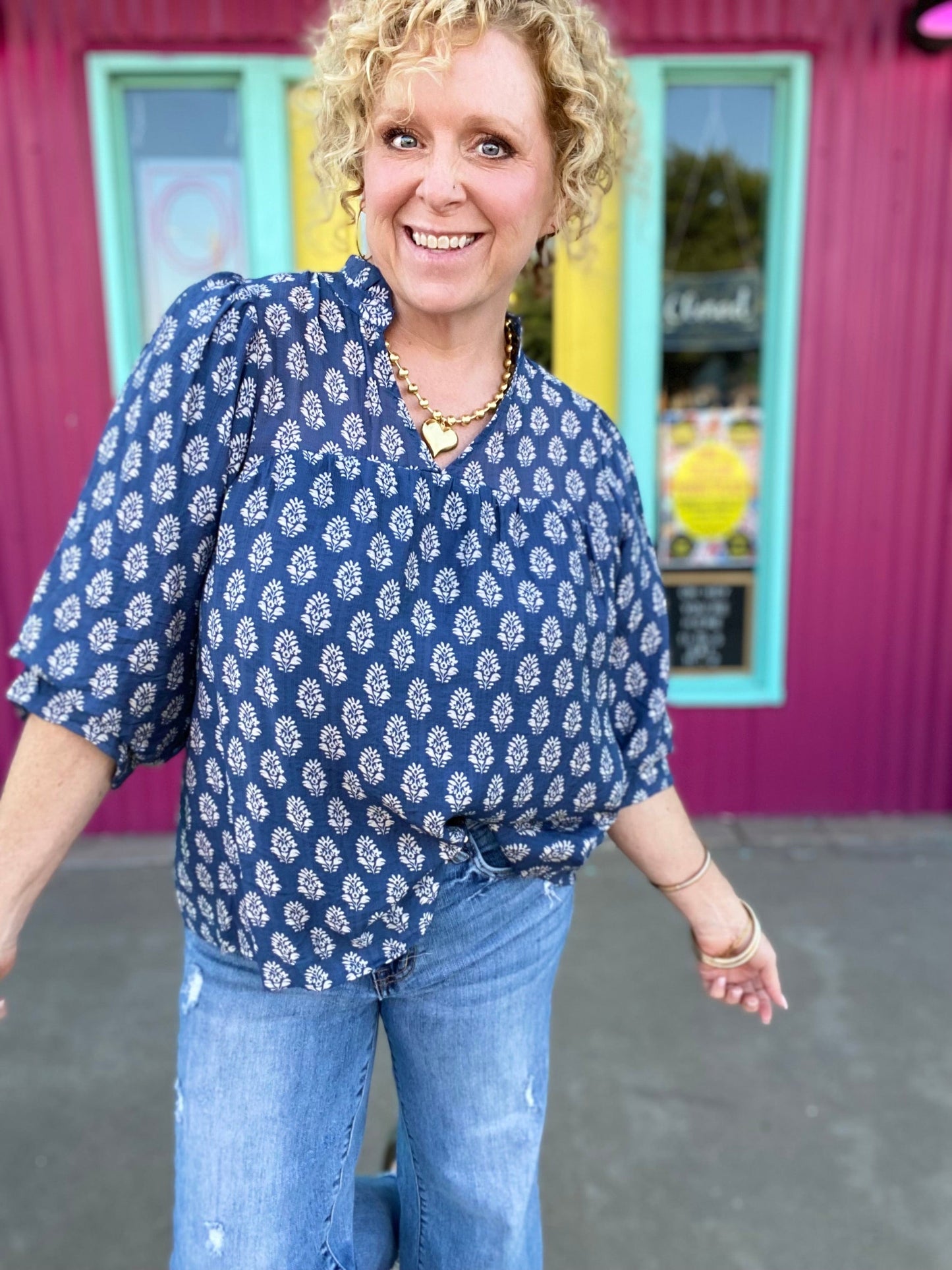 Tops Denim Blue Floral Blouse