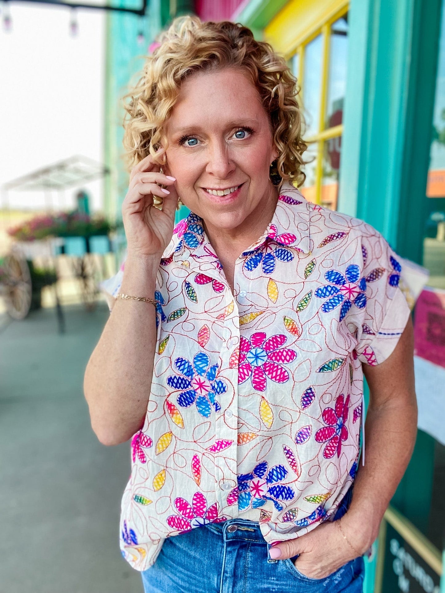 Tops Embroidered Floral Camp Shirt