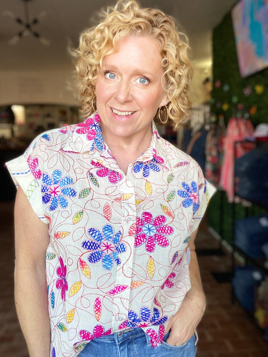 Tops Embroidered Floral Camp Shirt