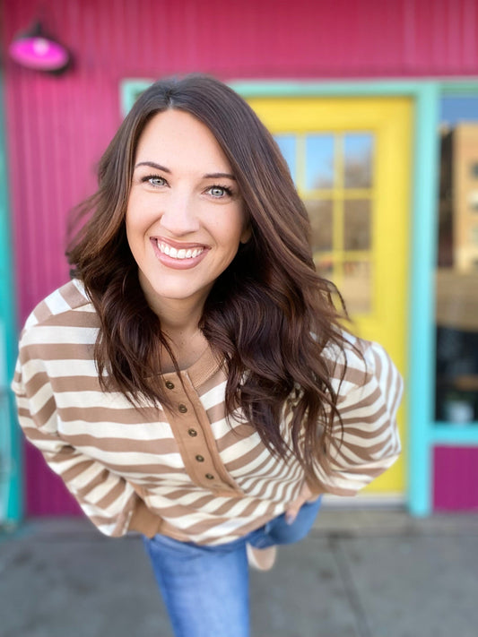 Shirts & Tops Emily Stripe Half Button Pullover- Mocha