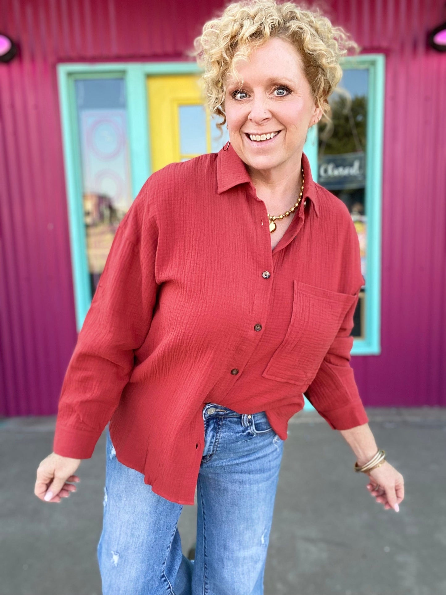 apparel Gauzy Button Down-Brick