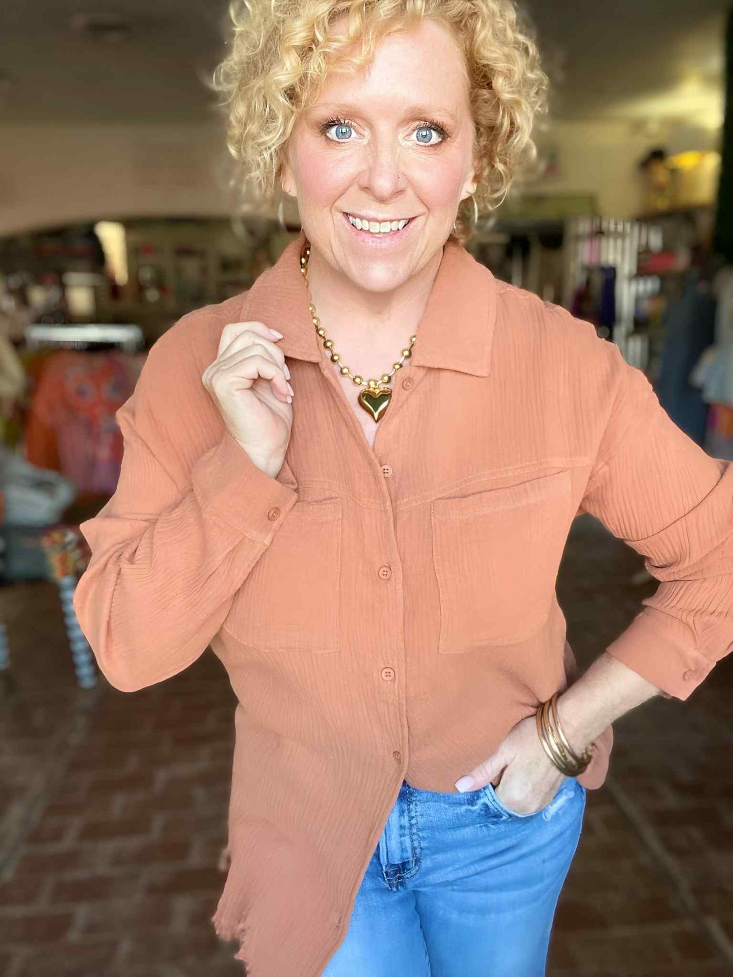 apparel Gauzy Button Down Frayed Hem-Rust