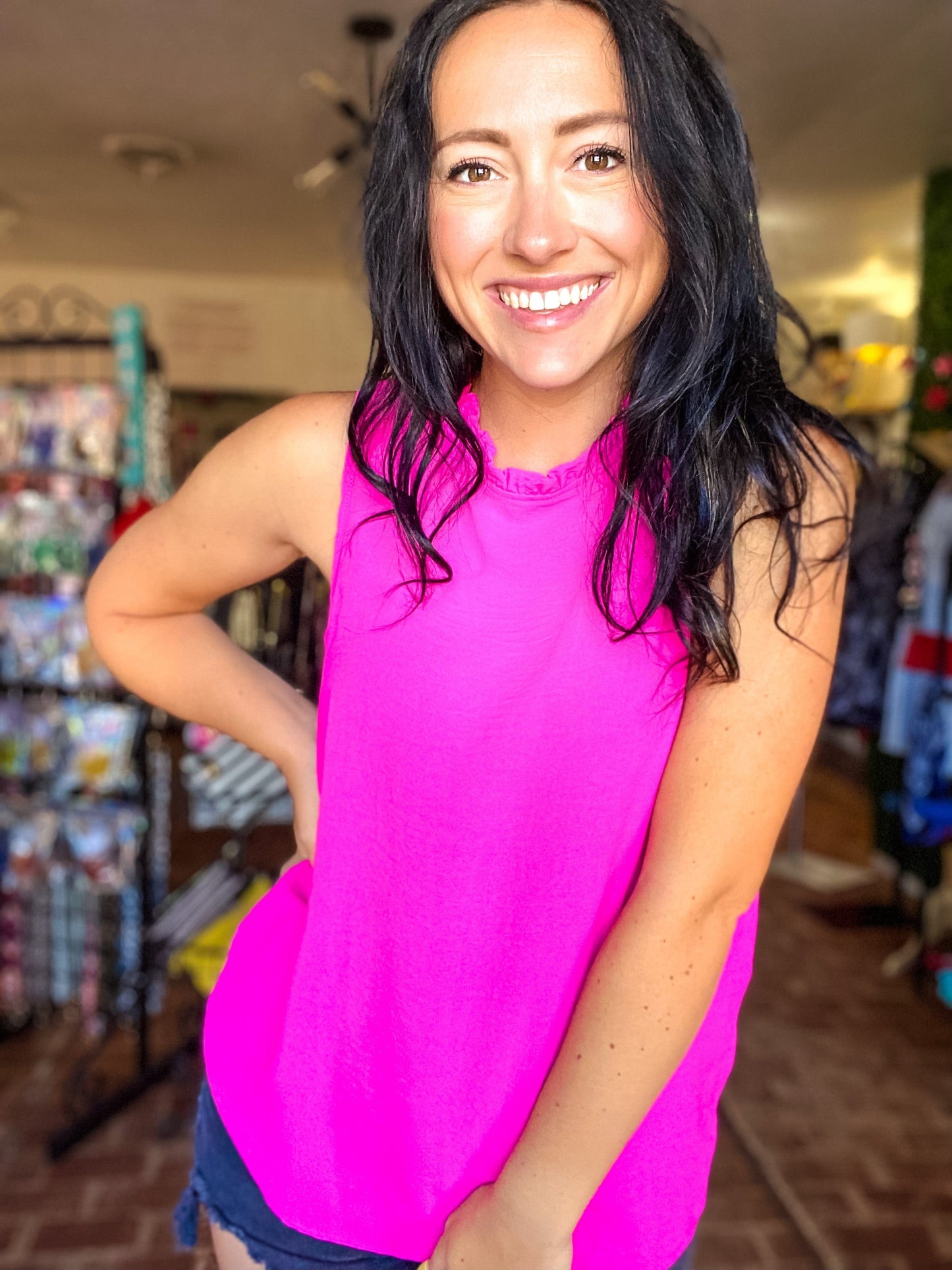 Tops High Ruffle Neck Tank-Pink