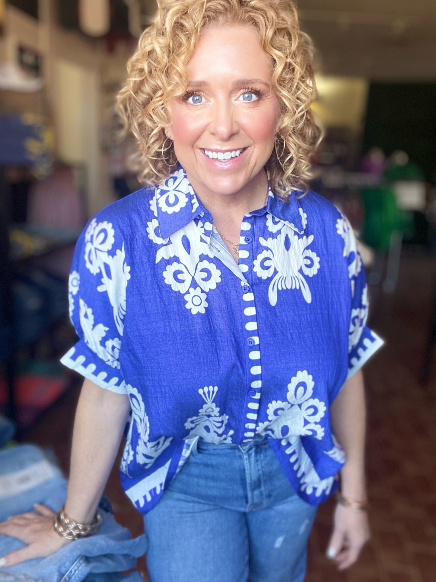 Tops Jayda Funky Print Blouse- Cobalt Blue