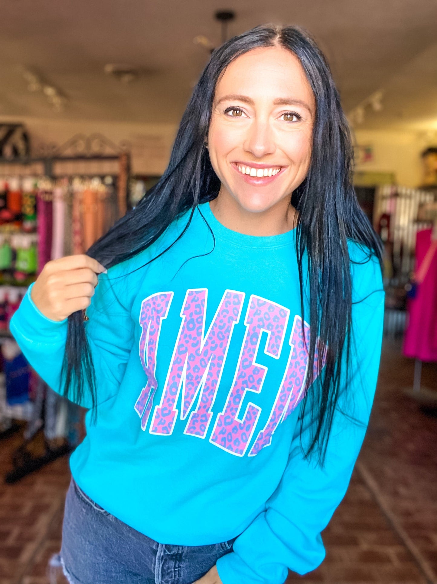 Graphic Tees Leopard Amen Sweatshirt Scuba Blue