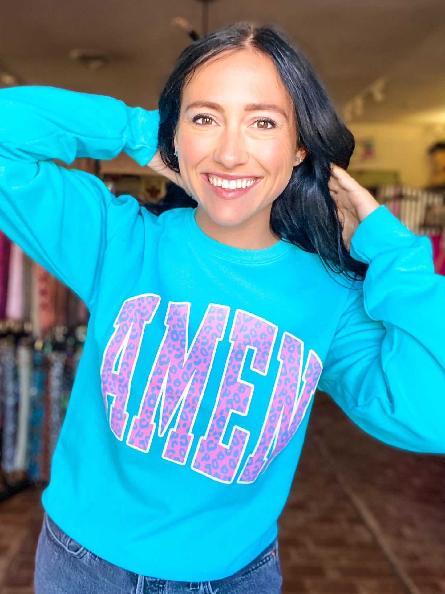Graphic Tees Leopard Amen Sweatshirt Scuba Blue