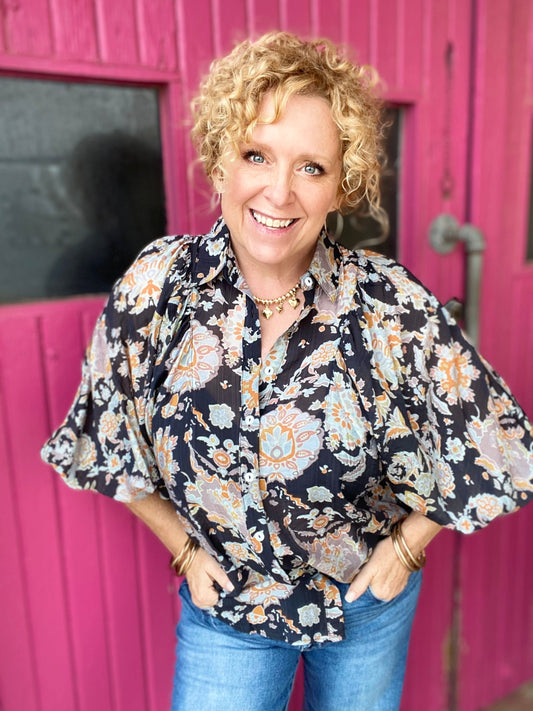 Tops Lyla Floral Print Blouse-Black