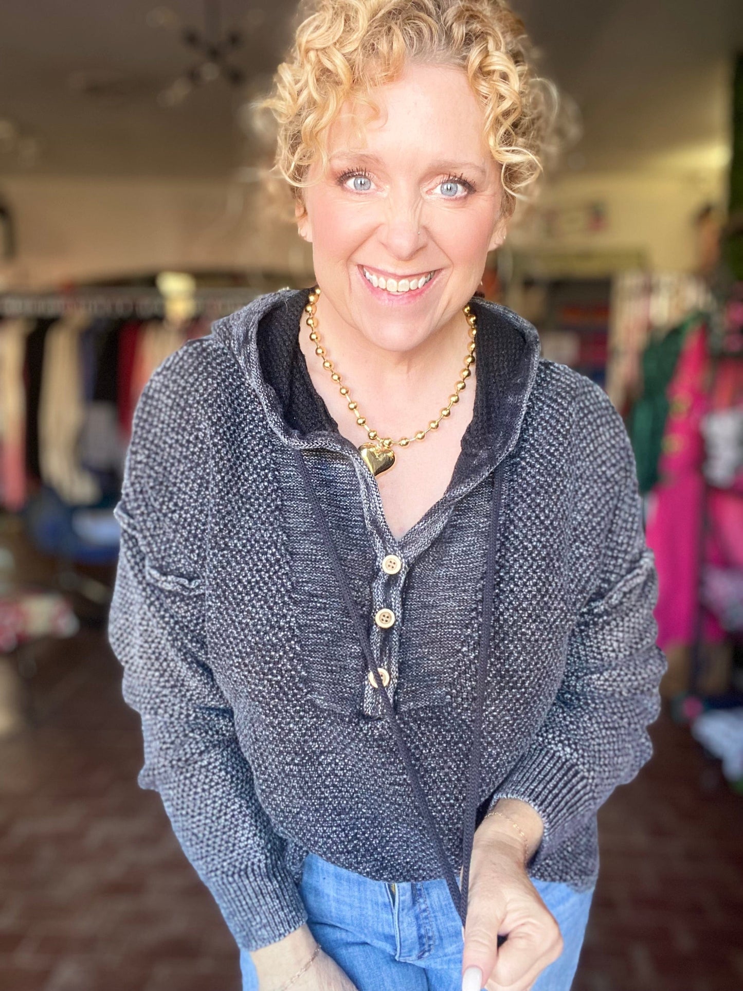 Tops Milly Half Button Hoodie Sweater- Black