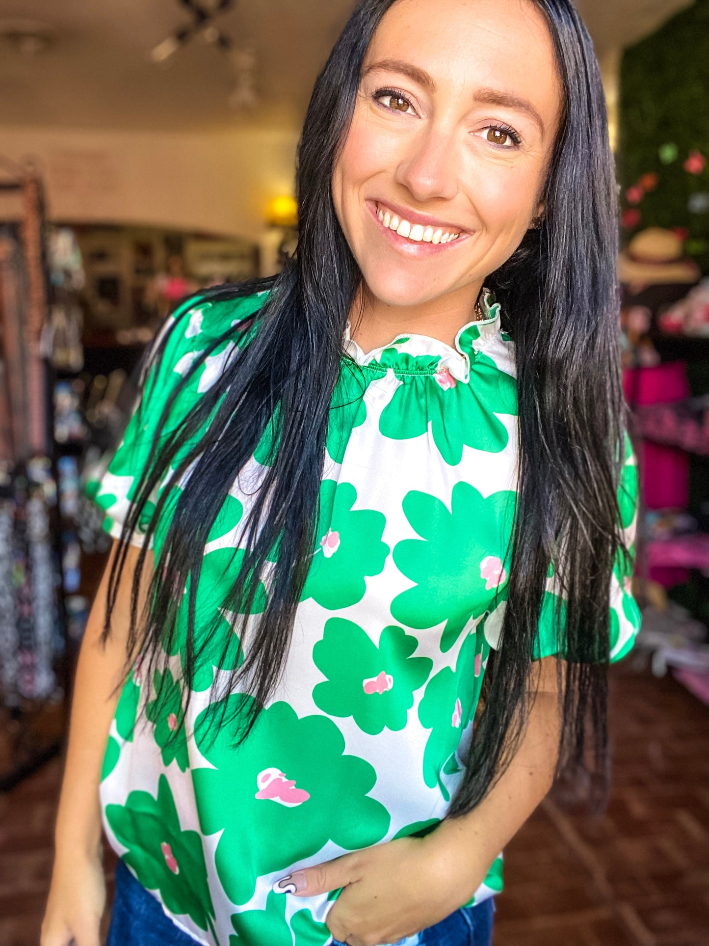 Tops Monte Floral Puff Sleeve Top- Emerald