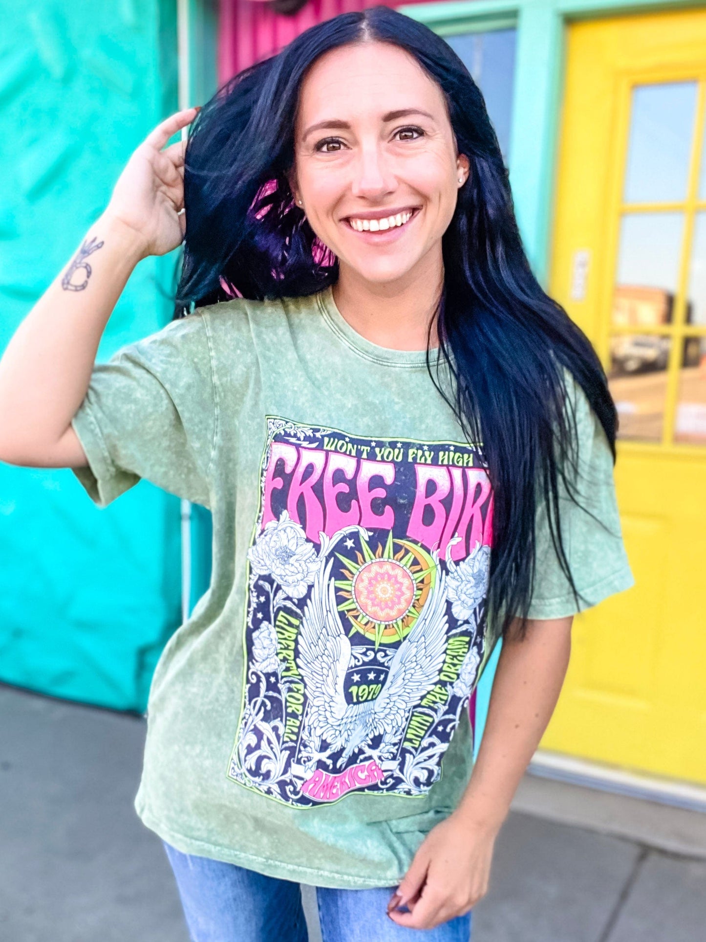 Graphic Tees Neon Freebird Tee-Olive