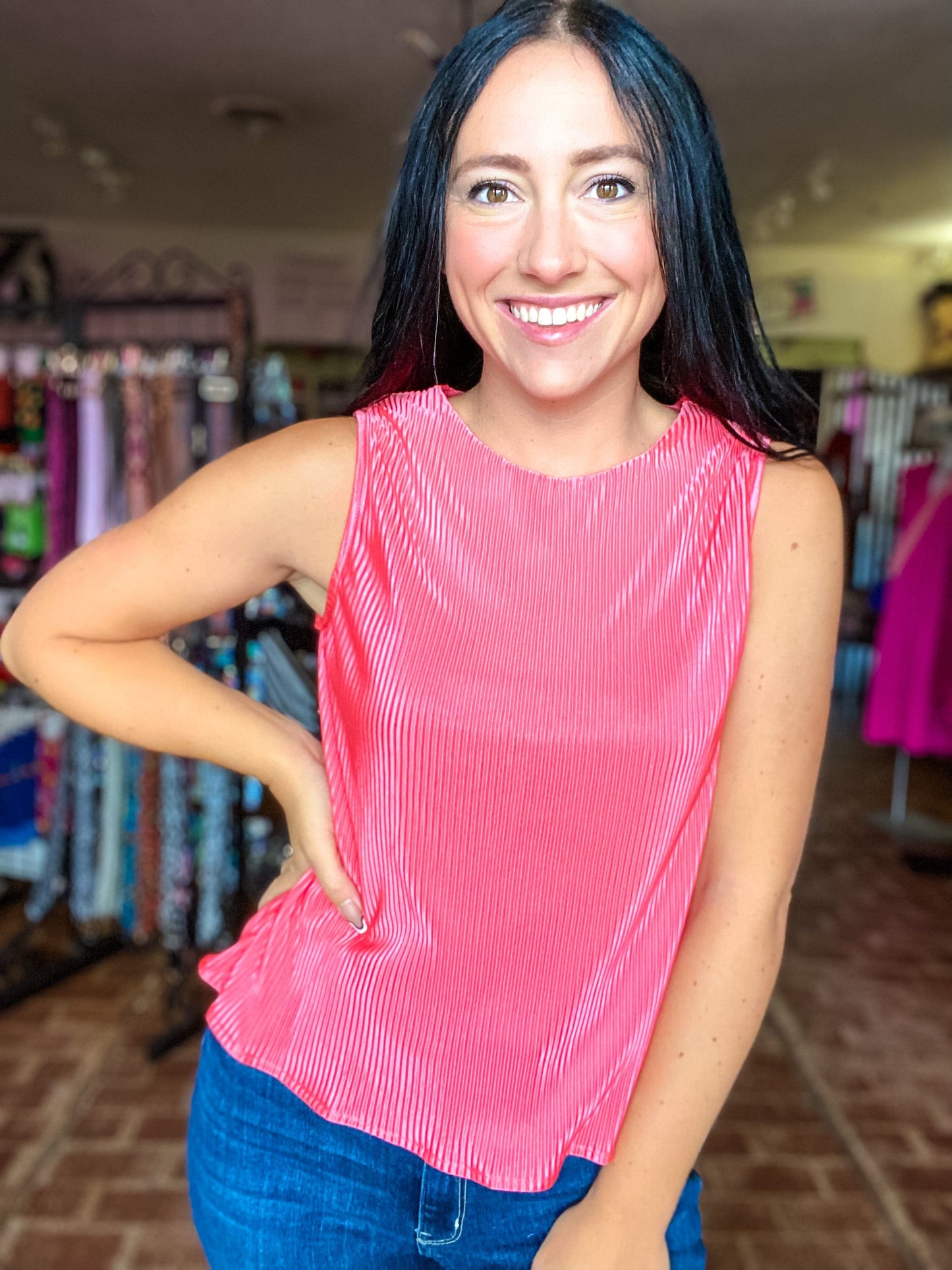 Tops Pleated Swing Top- Coral