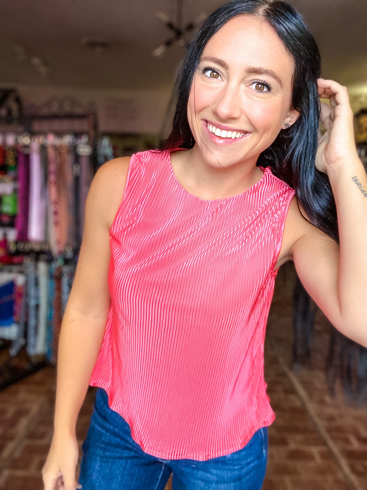 Tops Pleated Swing Top- Coral
