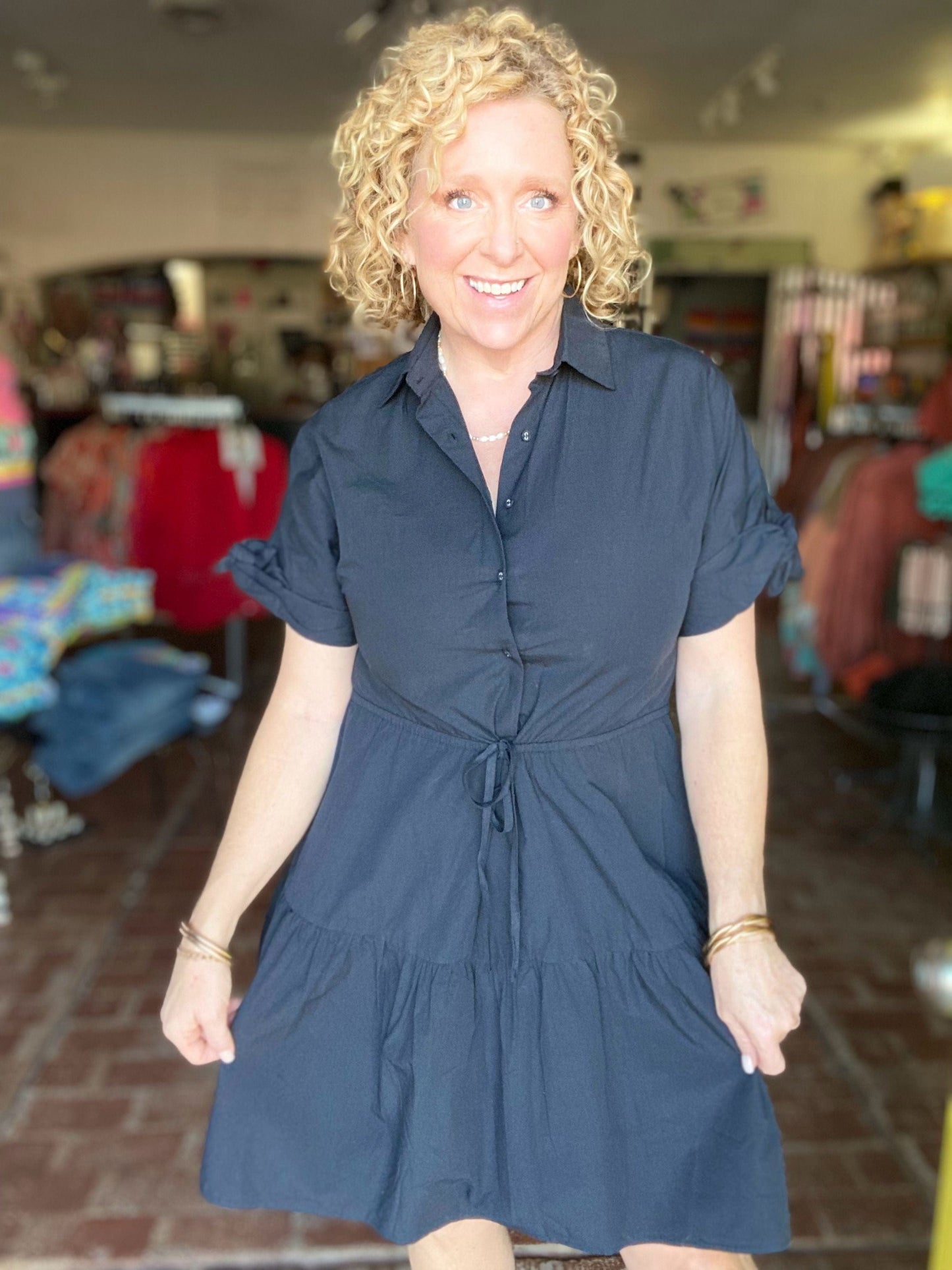 Dresses Poplin Cinch Waist Dress- Black