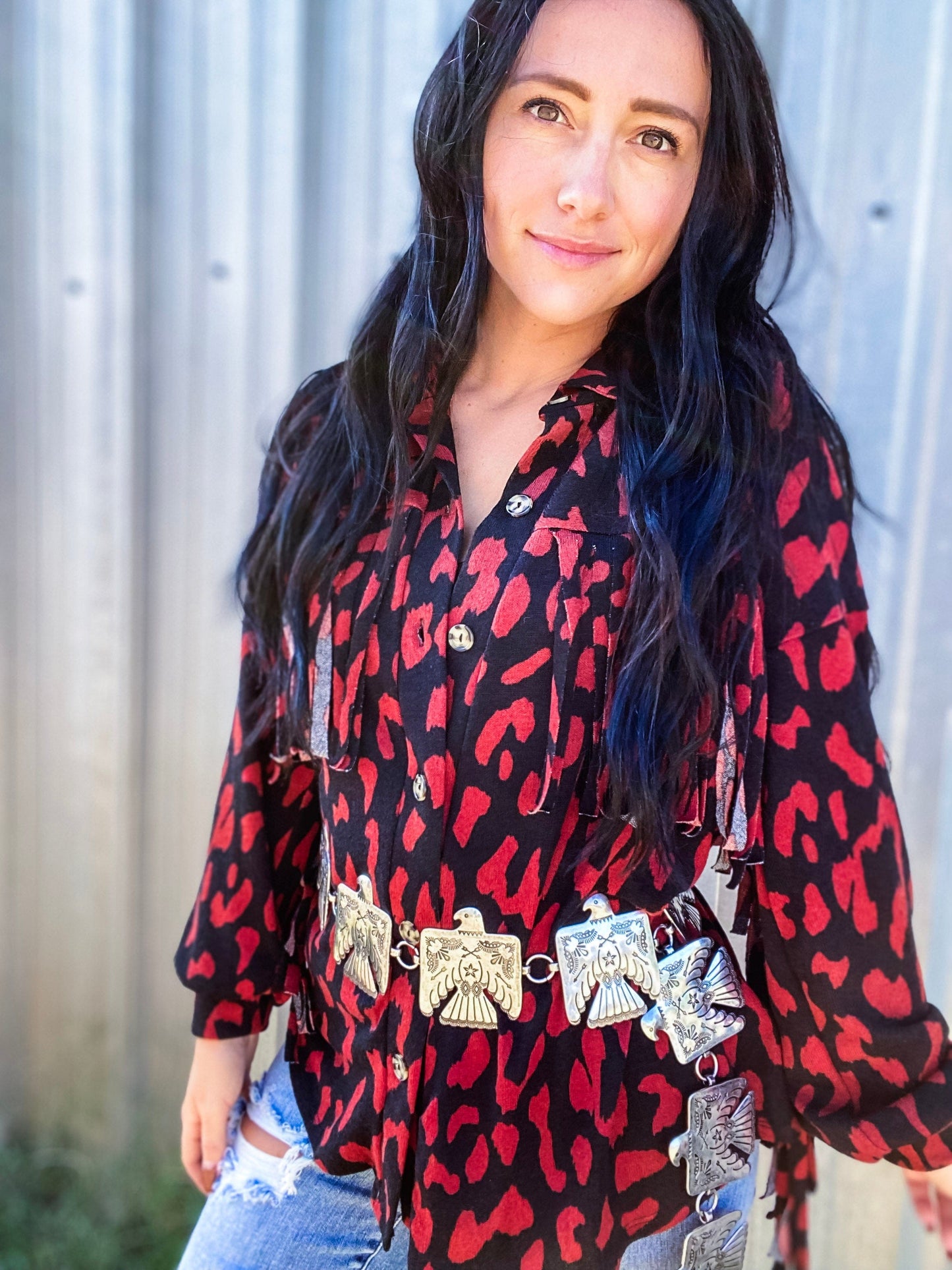 Tops Red Leopard Fringe Button Up