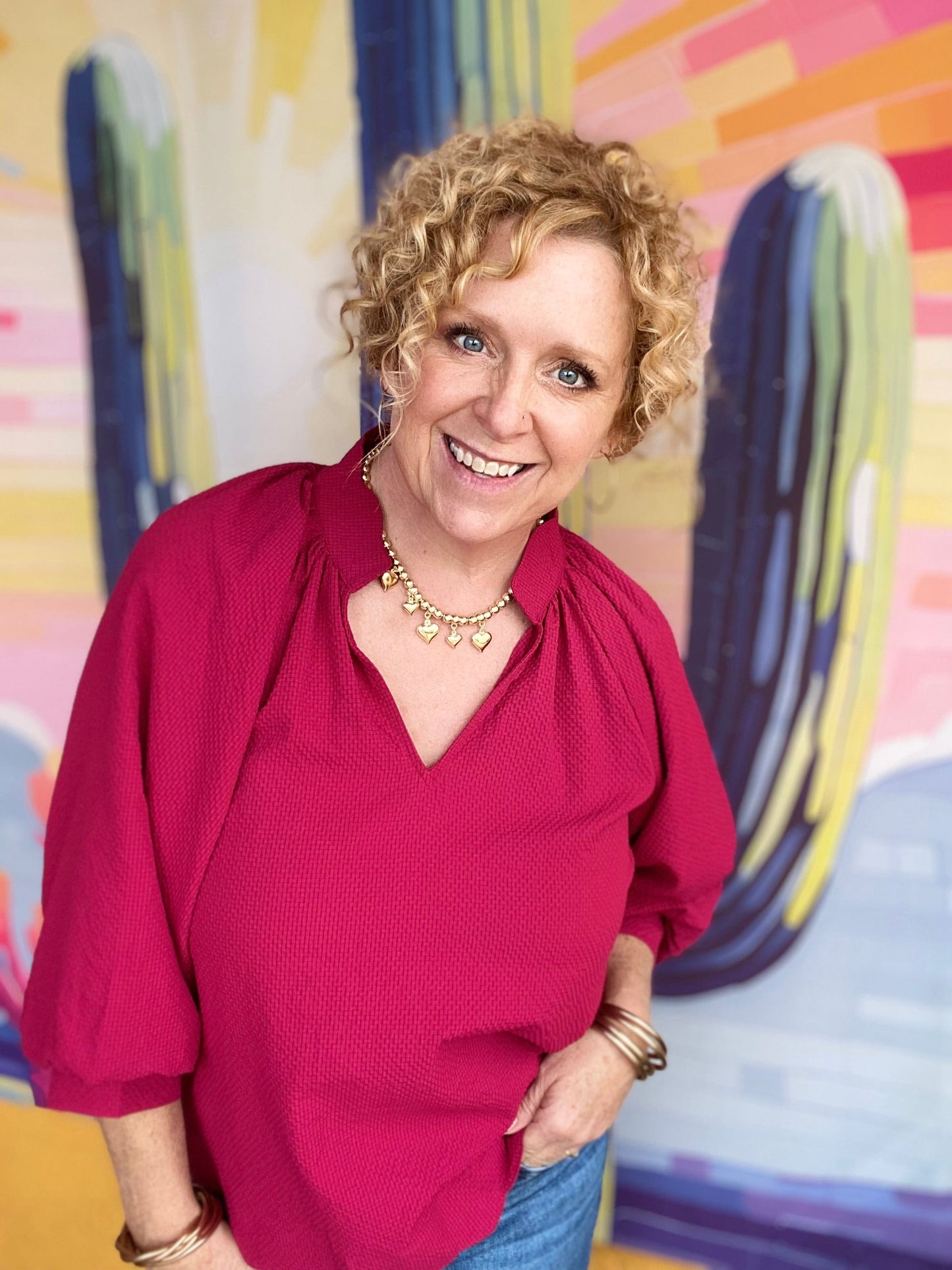 Tops Reese Vneck Balloon Sleeve Top-Crimson