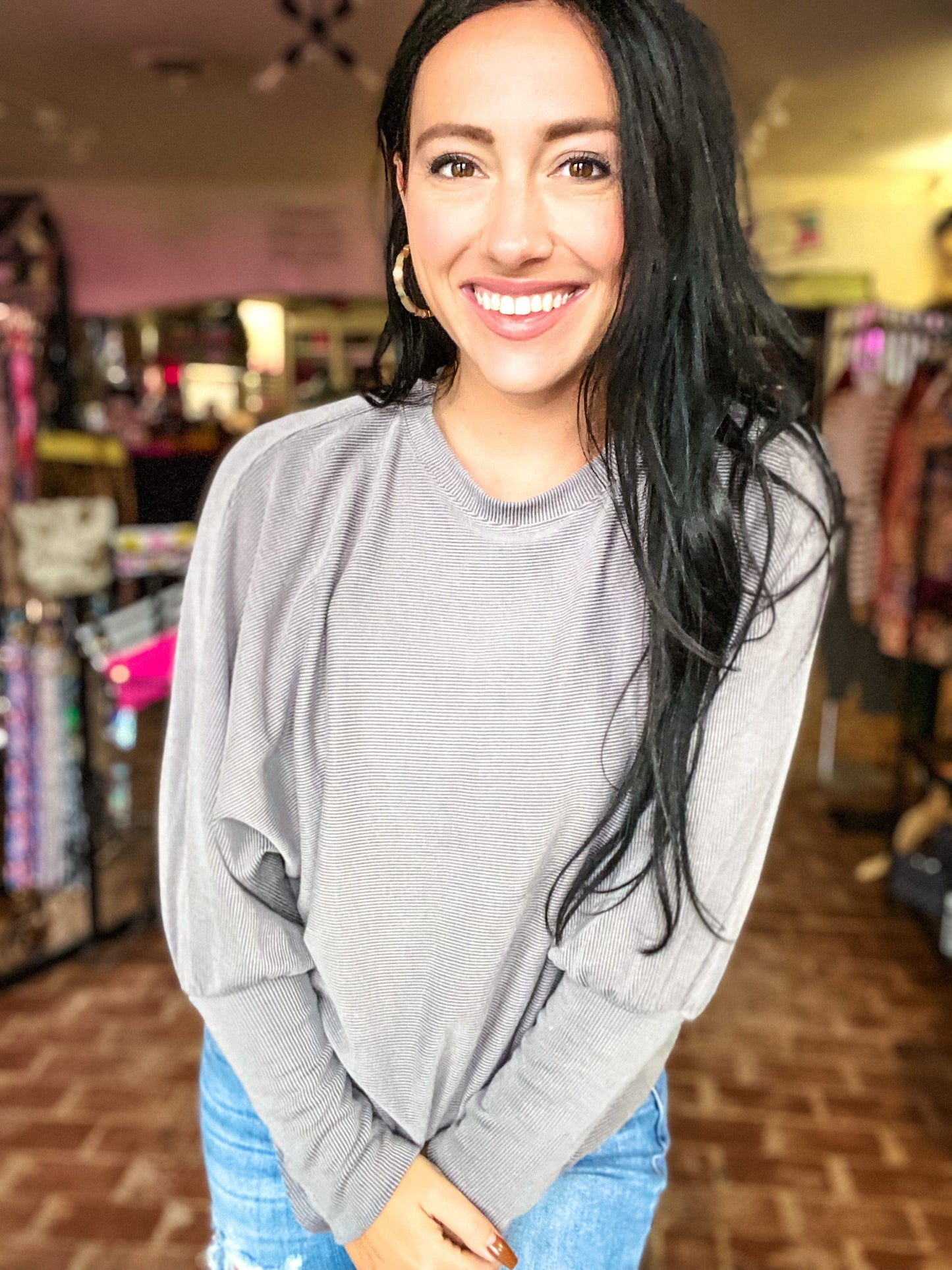 Tops Ribbed Puff Sleeve Long Sleeve Top