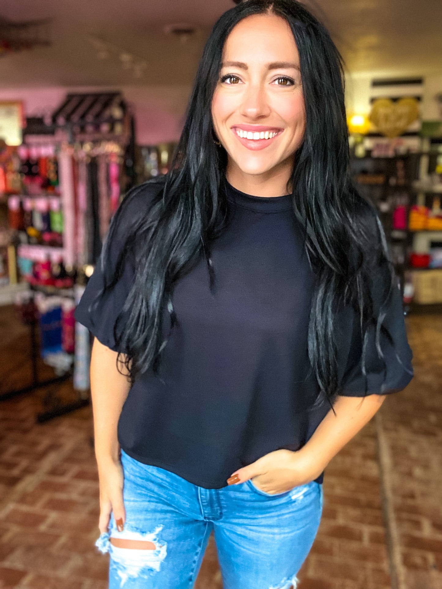 Tops Ribbed Puffy Sleeve Top-Black