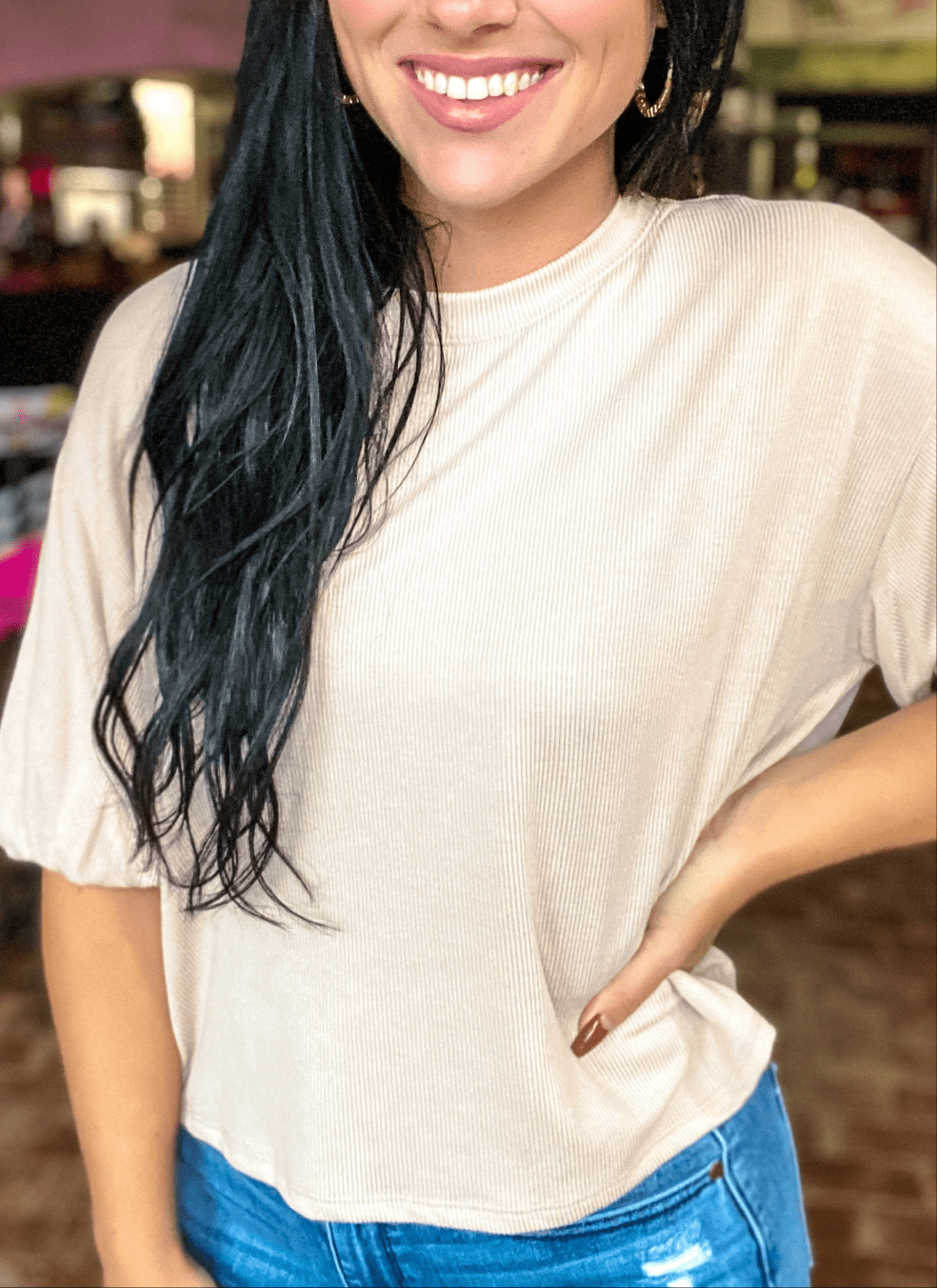 Tops Ribbed Puffy Sleeve Top-Latte