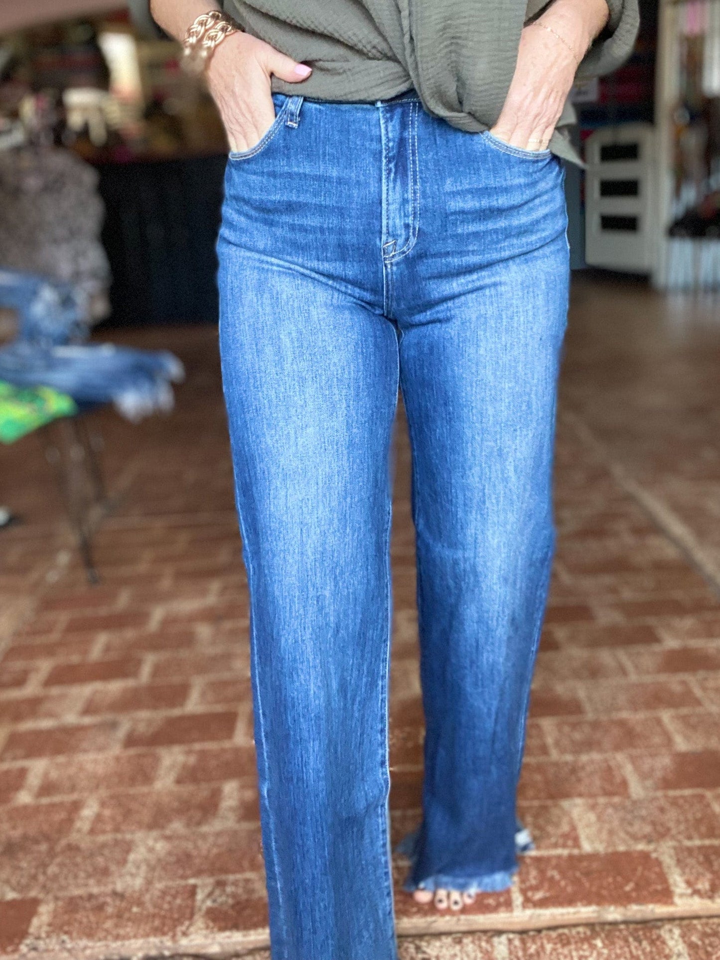 Bottoms Risen High Waist Wide Leg Frayed Hem- DK