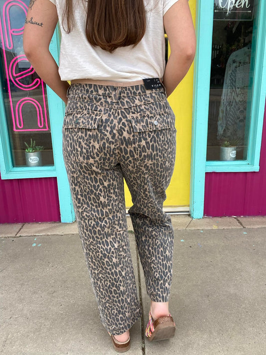 Bottoms Risen Mid Rise Leopard Denim Relaxed Jean