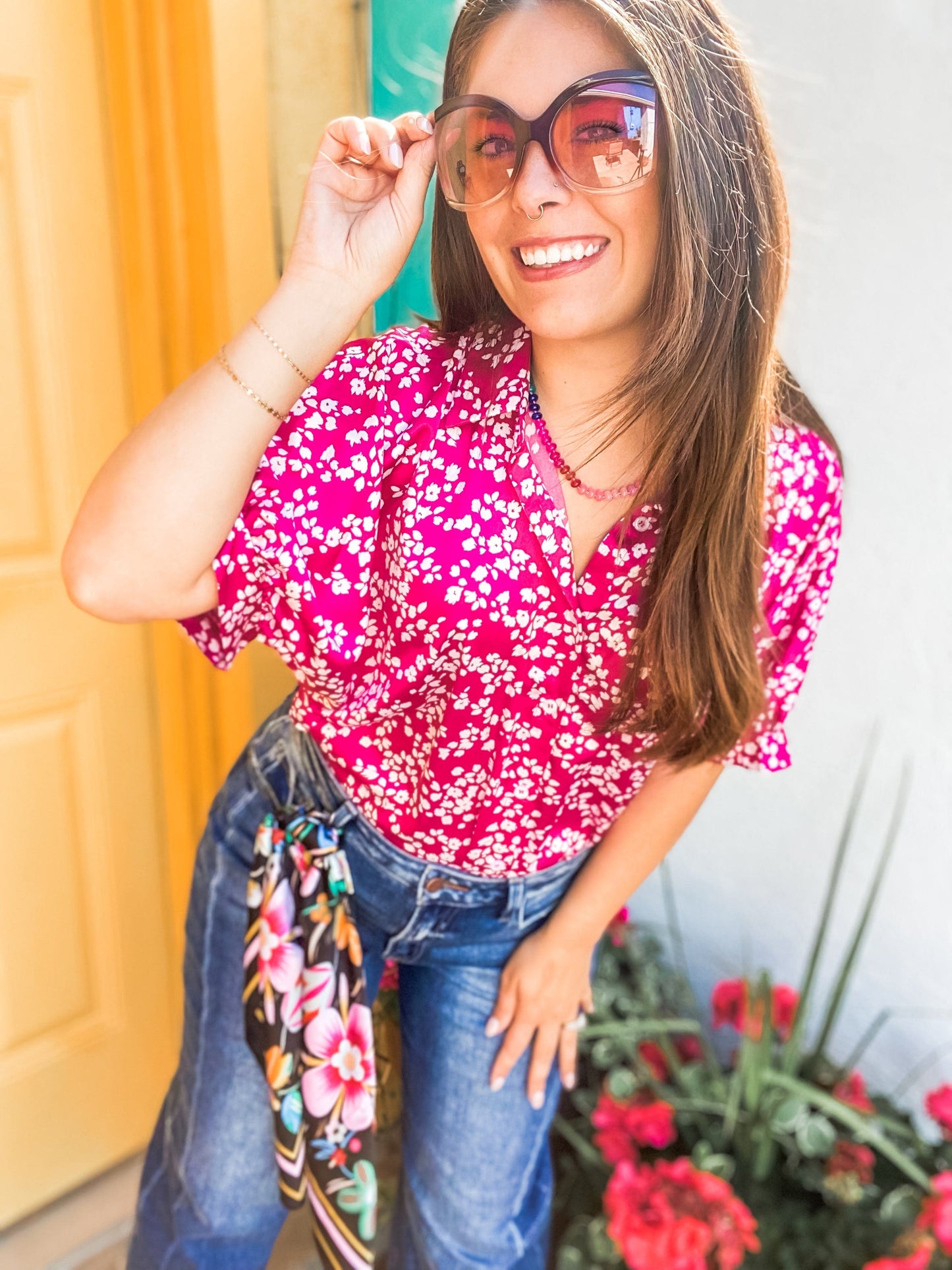 Tops Satin Ditzy Floral Blouse