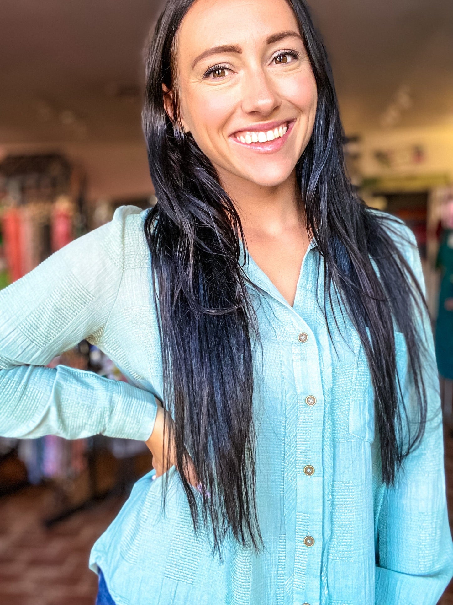 Tops Seafoam Textured Button Down Top