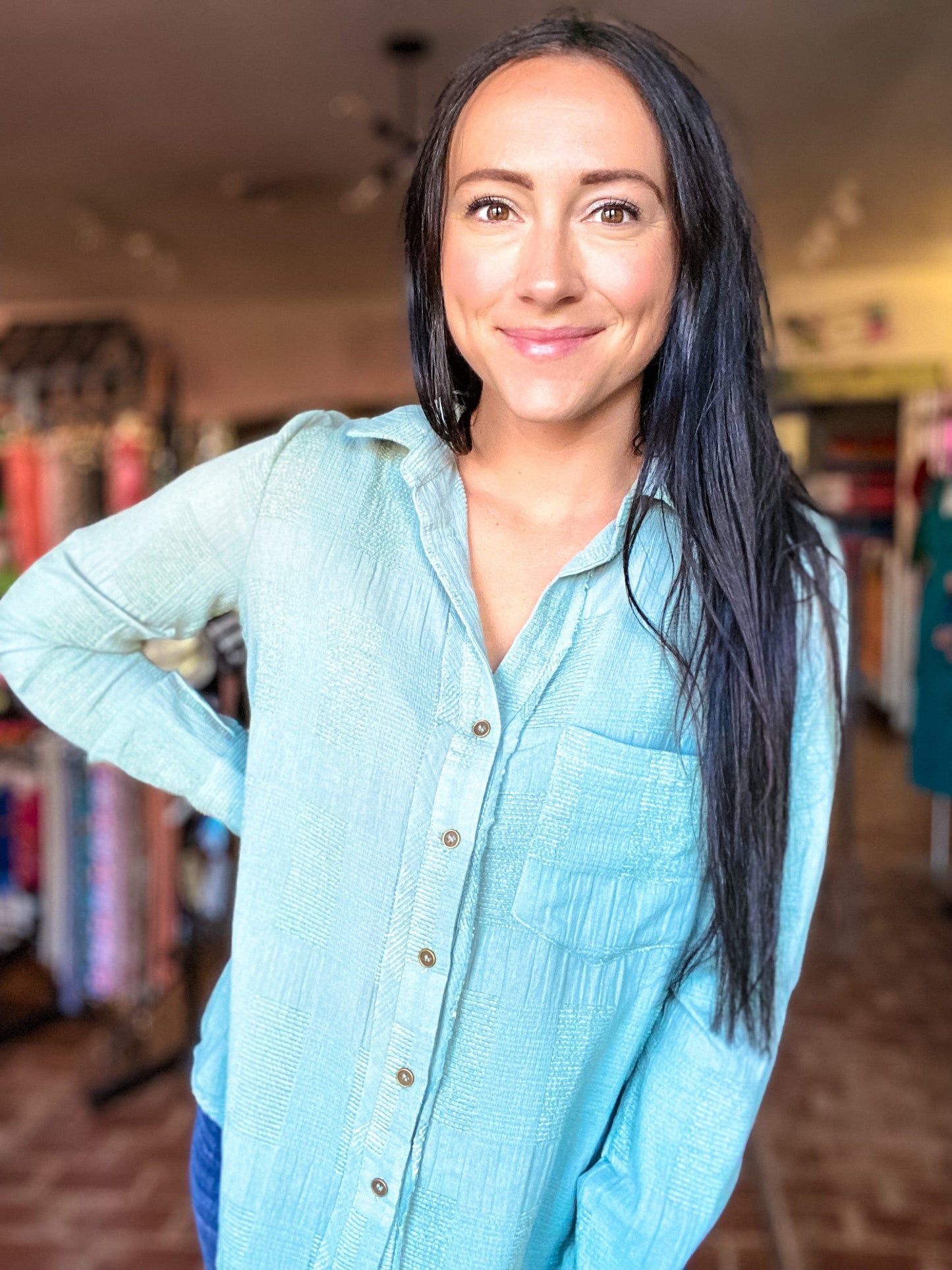 Tops Seafoam Textured Button Down Top