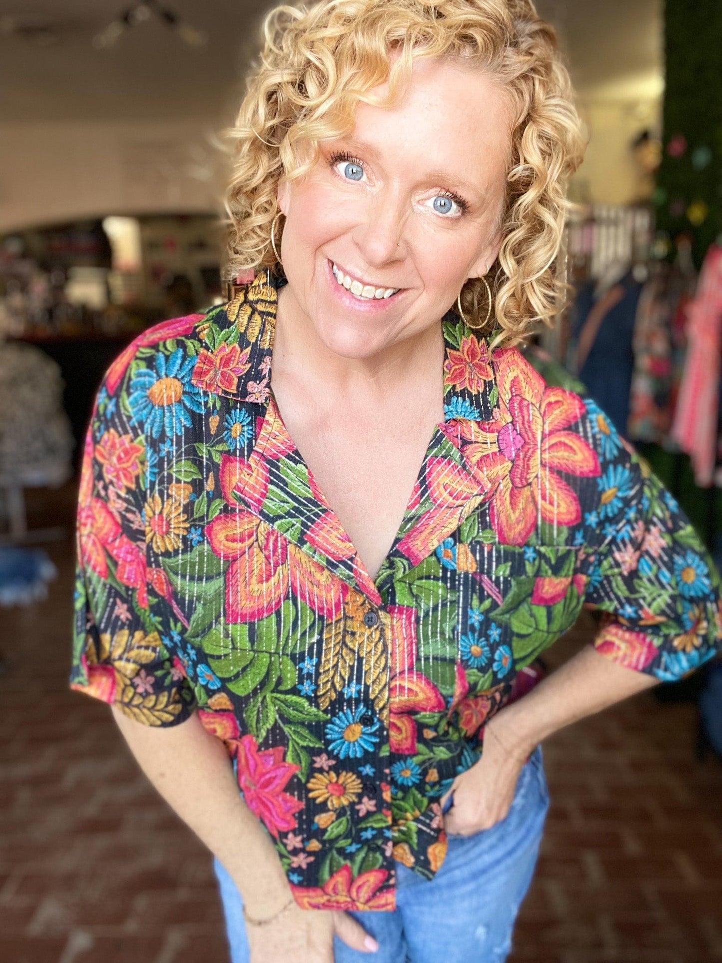 Tops Shimmer Cropped Camp Shirt