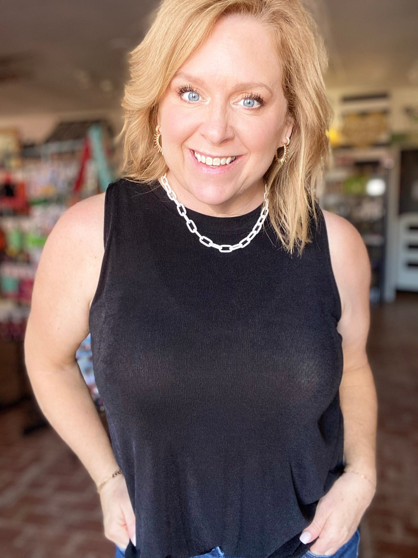 sweatshirt Slinky Sleeveless Top- Black