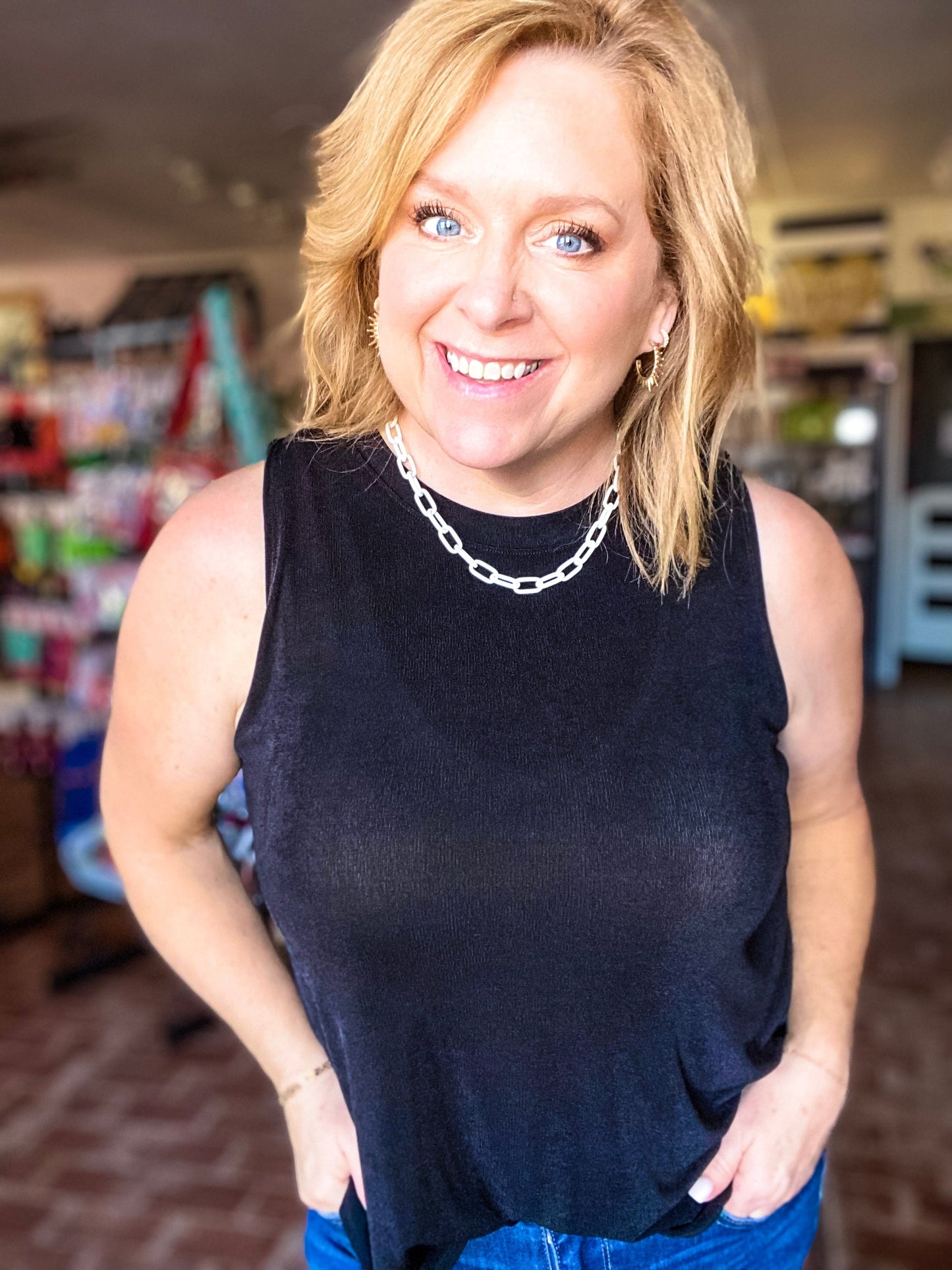 sweatshirt Slinky Sleeveless Top- Black