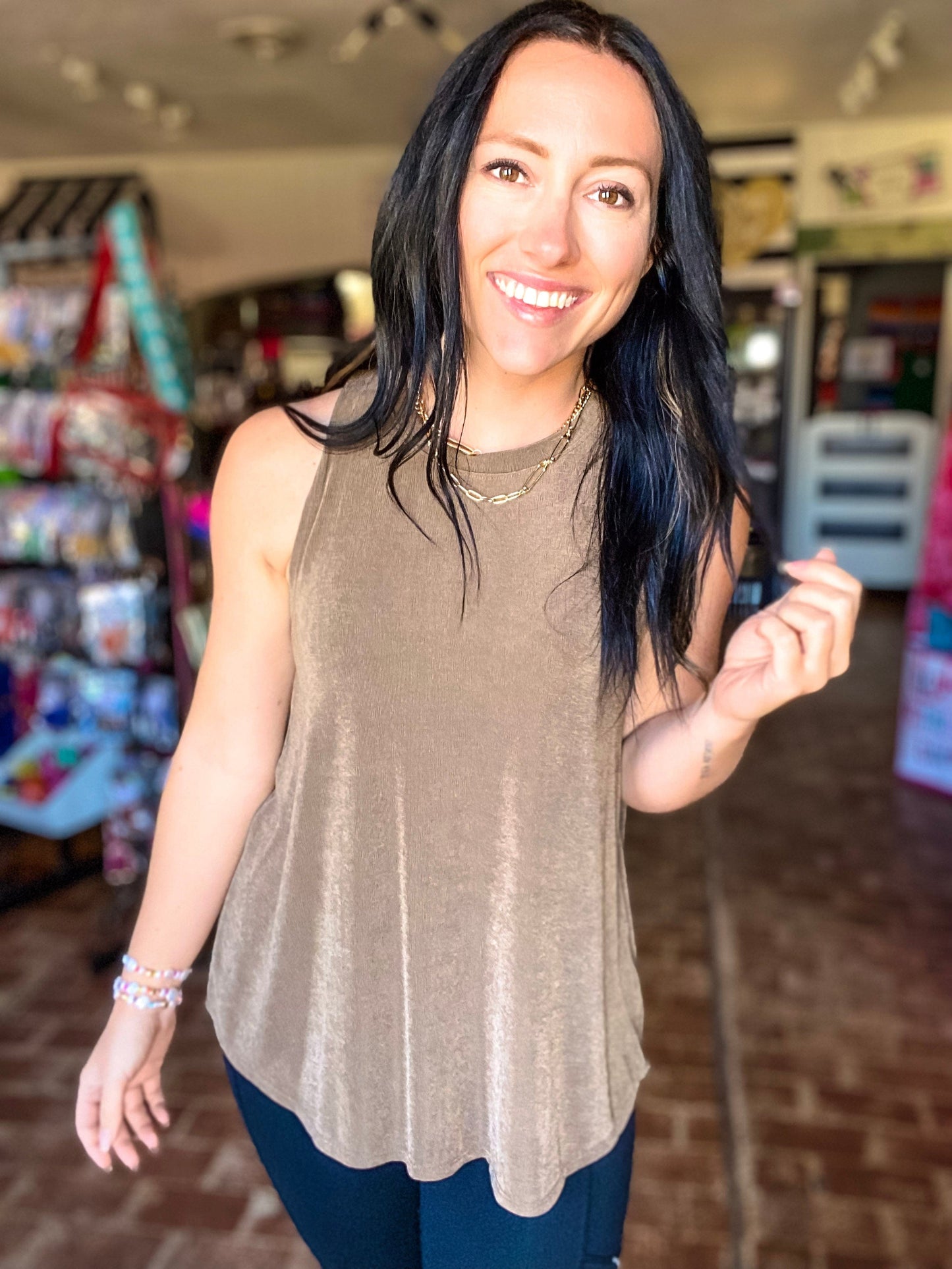 sweatshirt Slinky Sleeveless Top- Brown