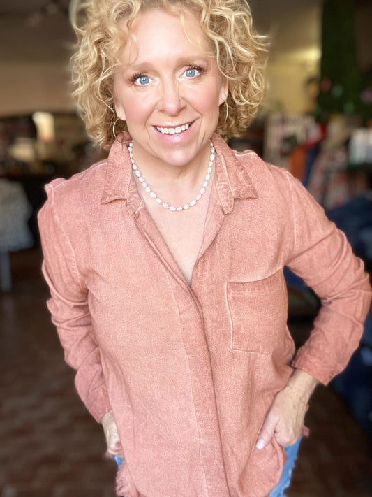 Tops Split Back Button Down Top- Rust