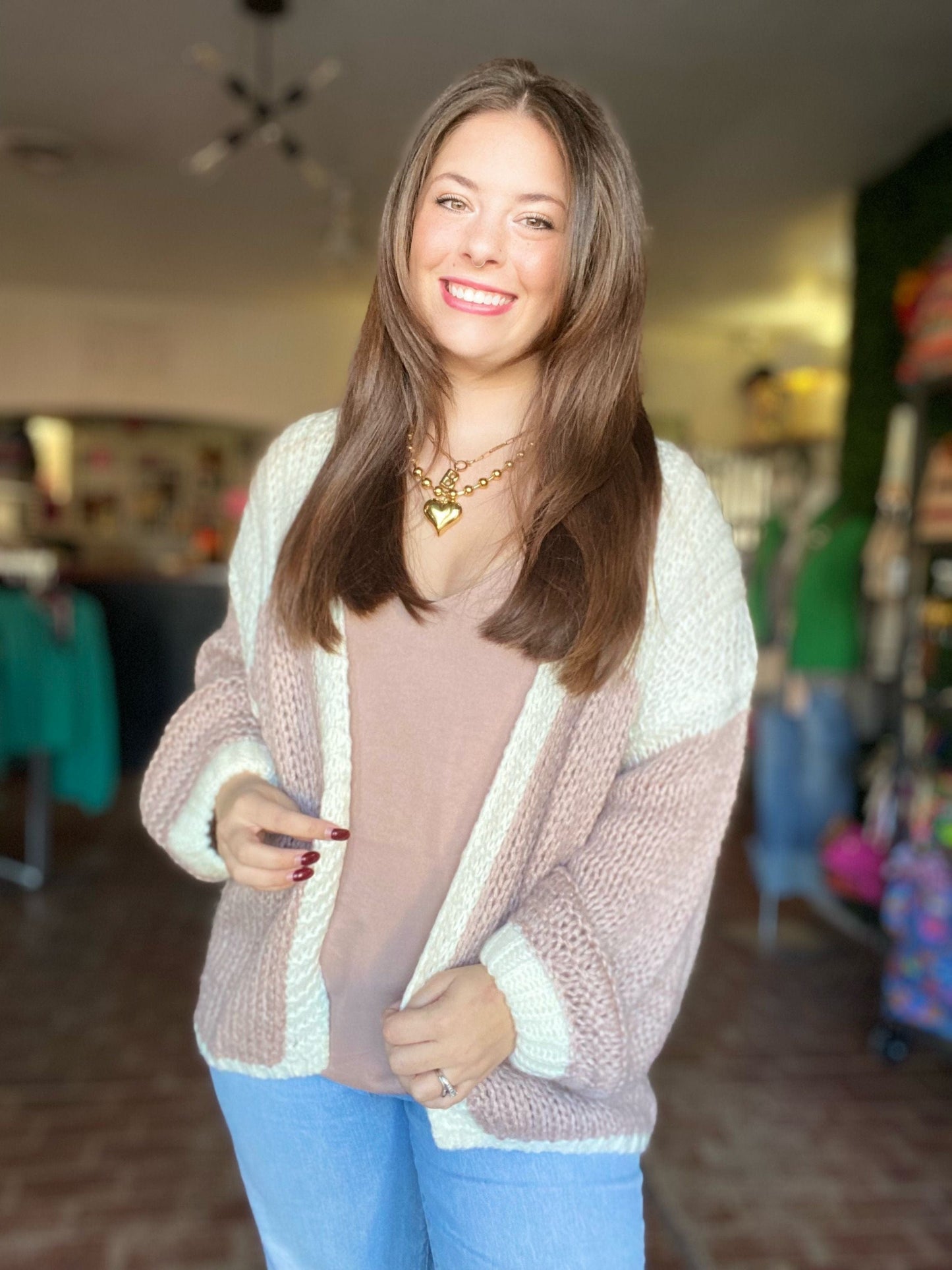 Tops Two Tone Yarn Cardi-Mocha