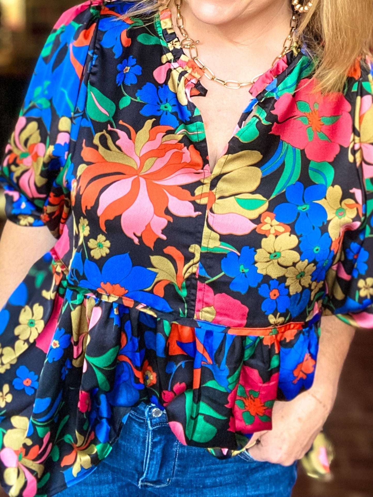 Dresses Umgee Floral Satin Top- Black