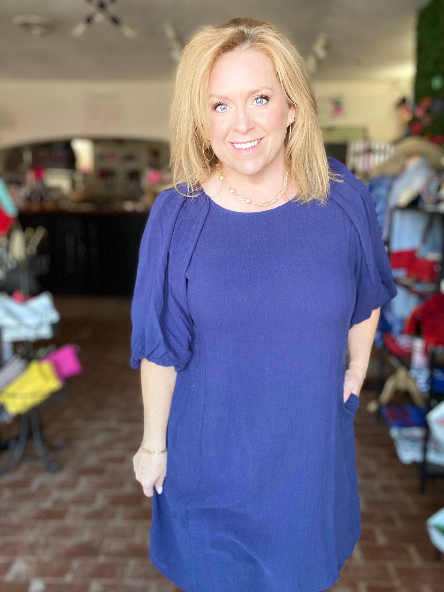 Dresses Umgee Navy Puff Sleeve Dress