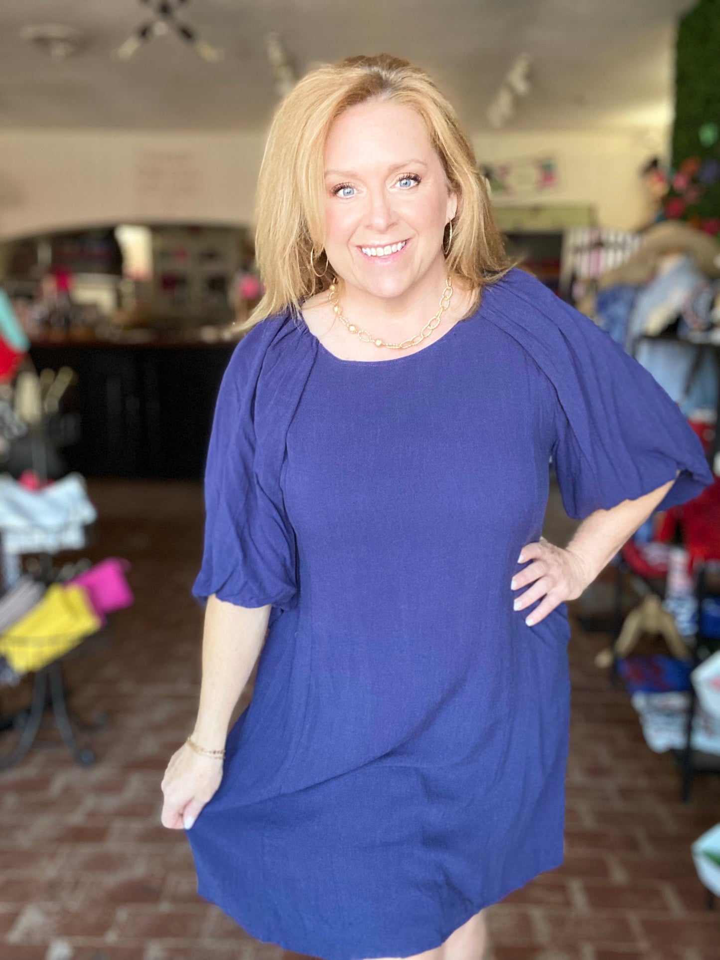 Dresses Umgee Navy Puff Sleeve Dress