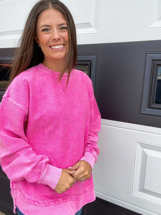 Vintage Wash Corded Crew Sweatshirt-Bubblegum