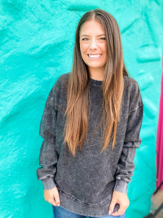 Vintage Wash Corded Crew Sweatshirt-Charcoal