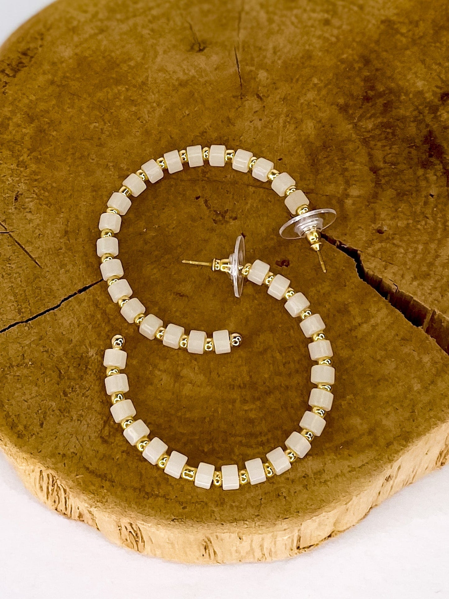 Earrings White and Gold Beaded Hoop Earrings