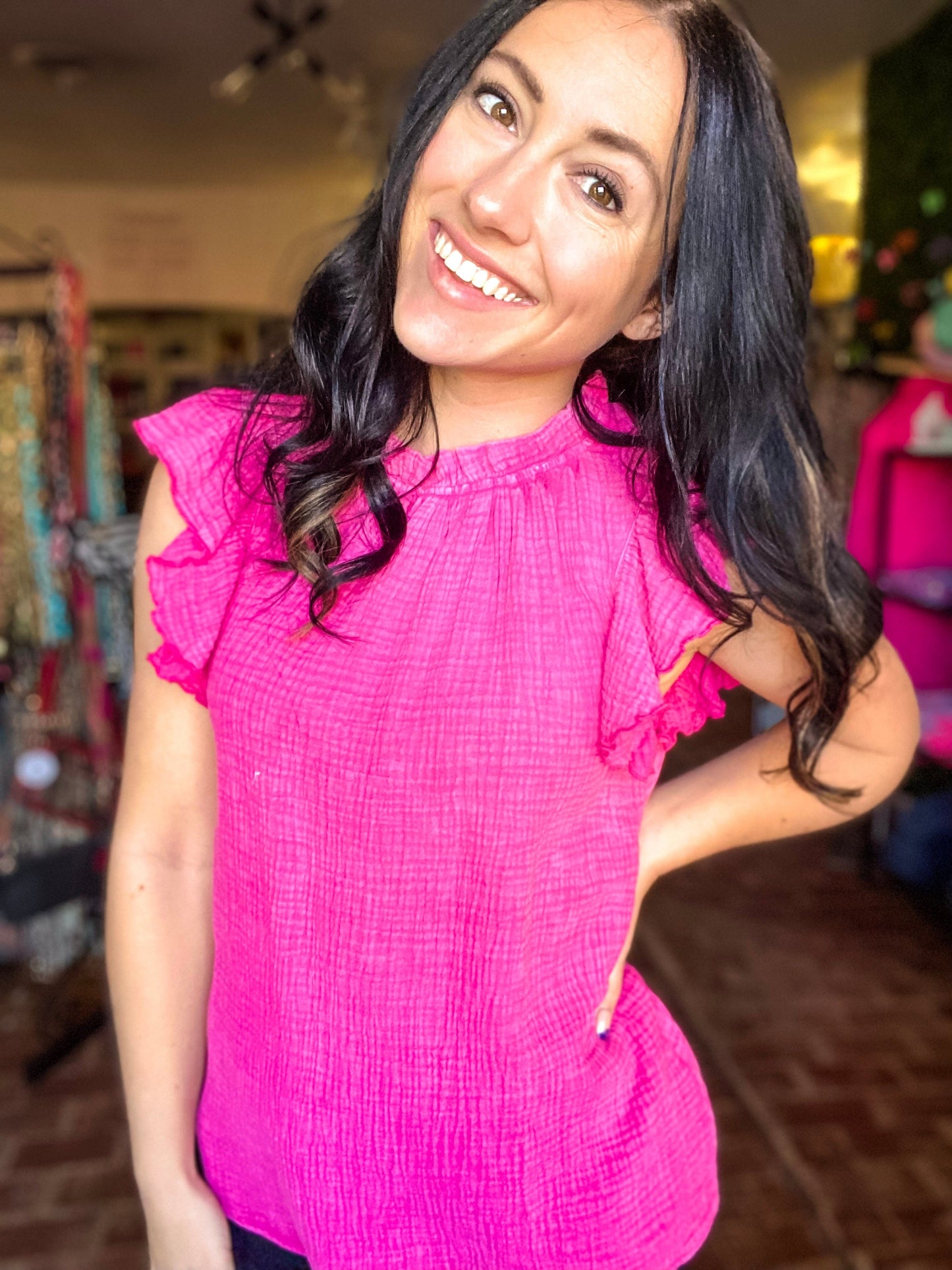 Tops Gauze Flutter Sleeve Top Acid Pink