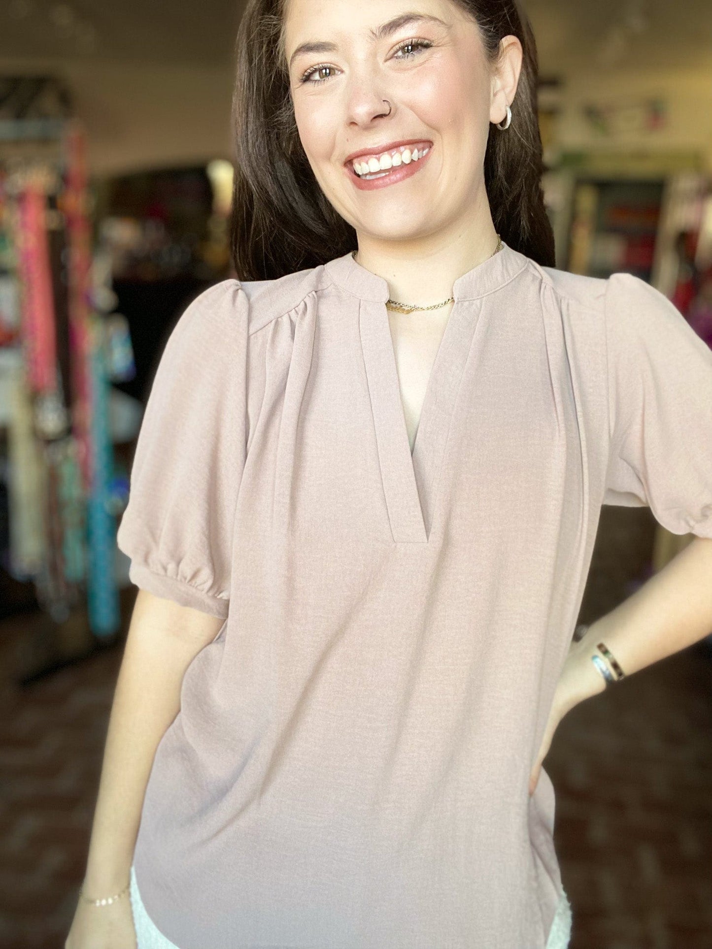 Tops Puff Sleeve Gabby Top-Mocha