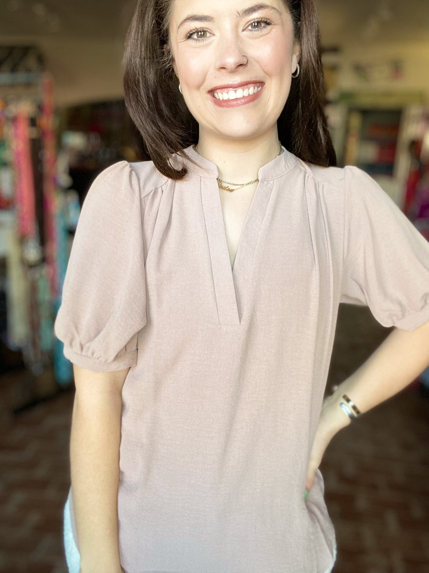Tops Puff Sleeve Gabby Top-Mocha