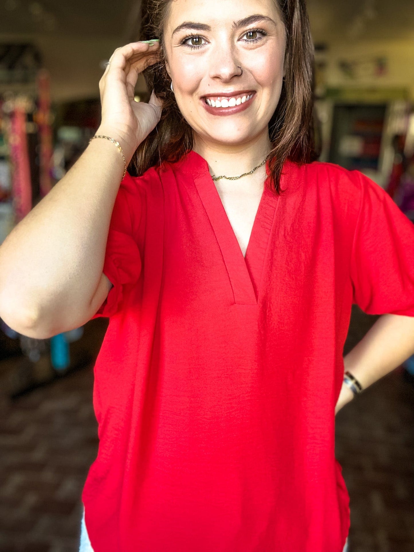 Tops Puff Sleeve Gabby Top-Red